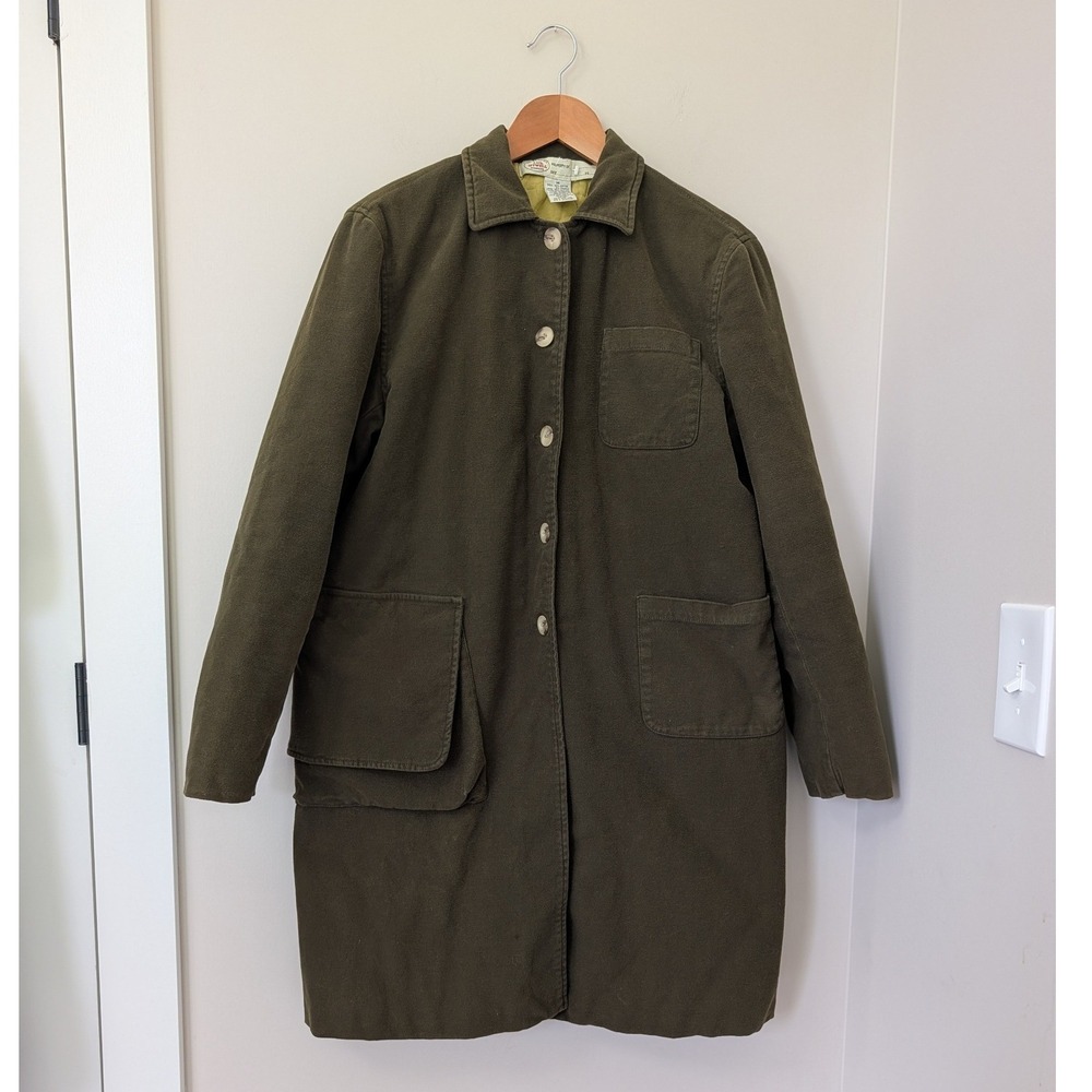 Vintage Womens Moleskin Chore Coat Olive Green Quilted Lining Long Jacket M